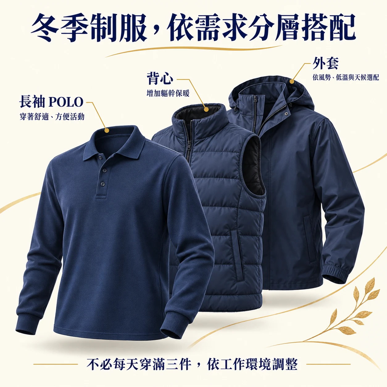 冬季制服長袖 POLO、背心與外套分層搭配示意