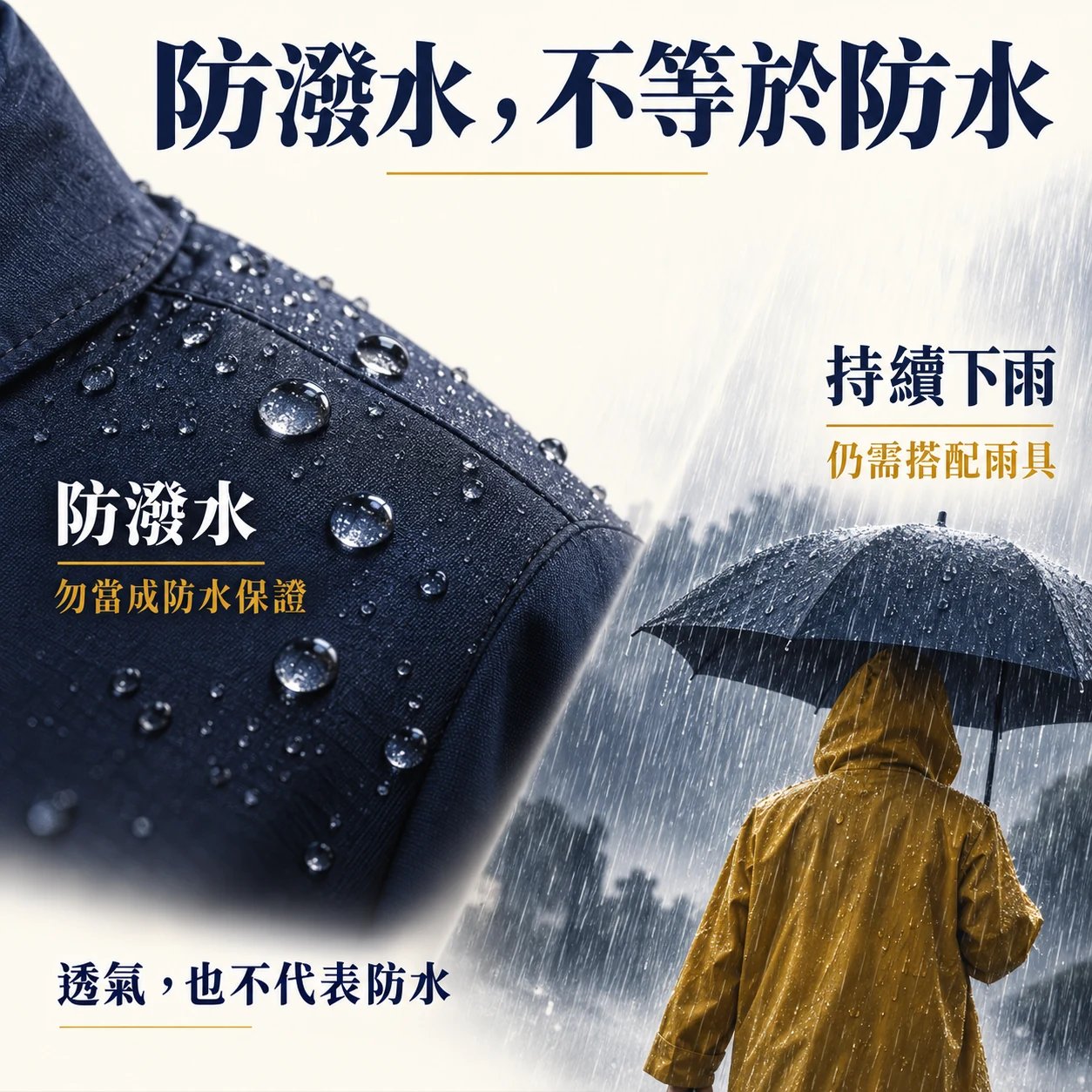 防潑水布料與持續雨天搭配雨具的情境示意