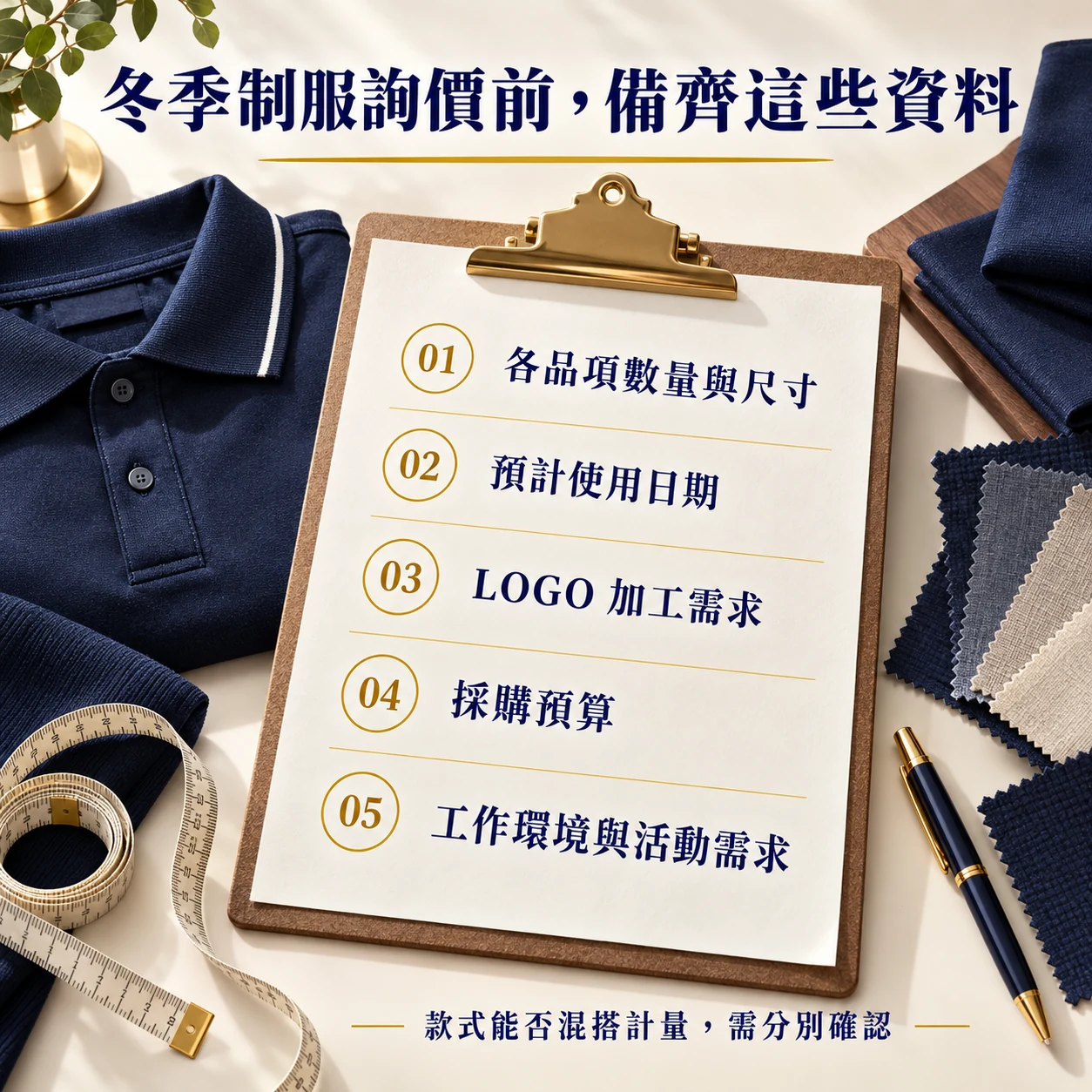 冬季制服詢價準備清單:數量尺寸、使用日期、LOGO 加工、預算及工作需求