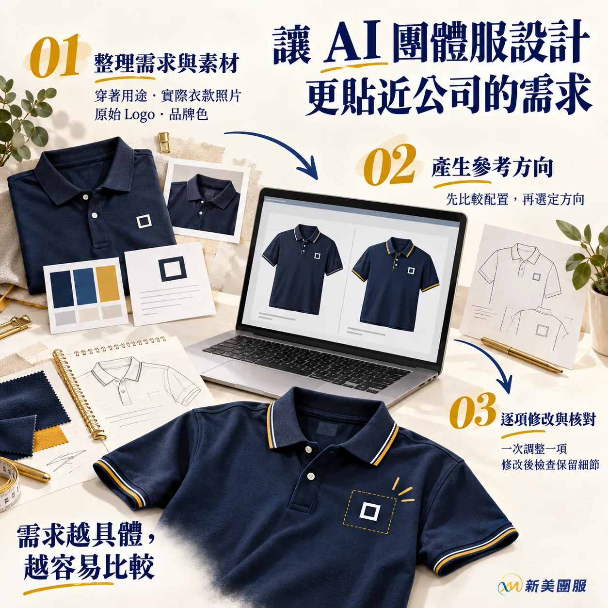 AI 團體服設計三步驟：整理需求與素材、產生參考方向、逐項修改與核對。