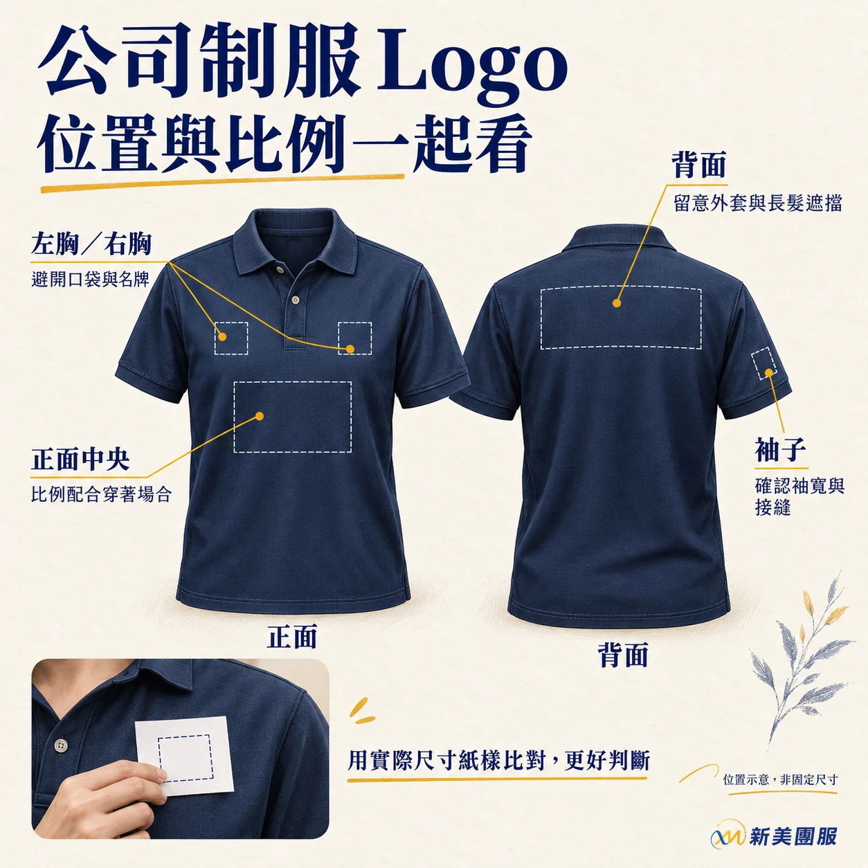 公司制服 Logo 位置示意，標出左右胸、正面中央、背面與袖子，以及實際尺寸紙樣比對。